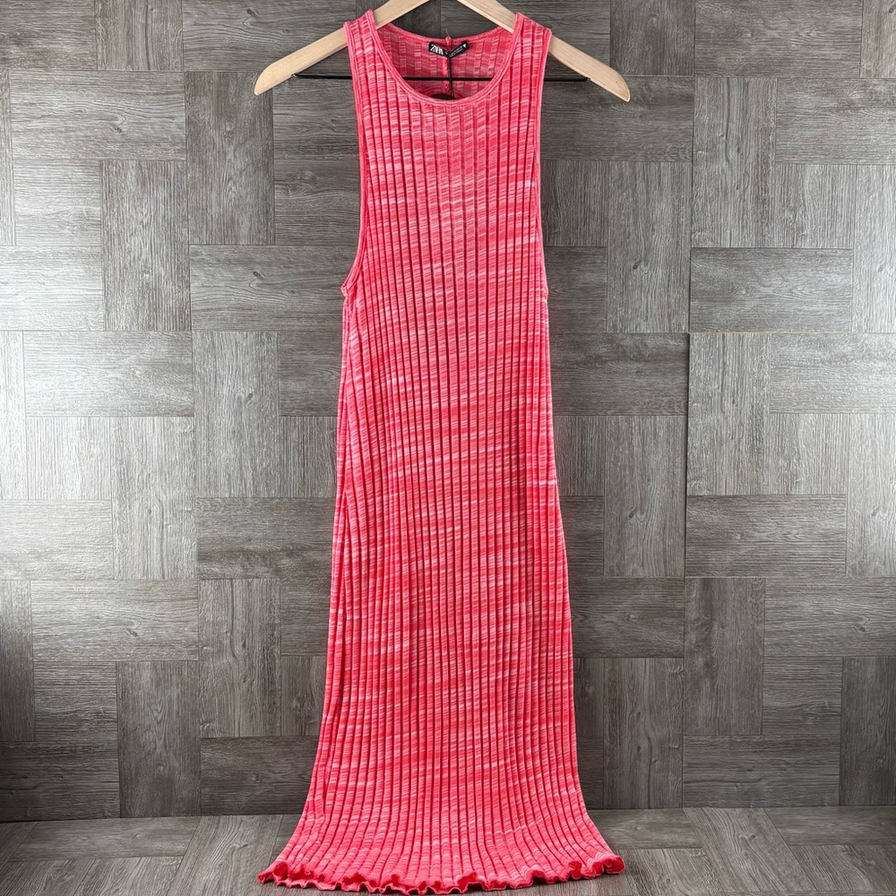ZARA Pink Striped Ribbed Knit Open Back Tunic  Summer Midi Dress Size Medium